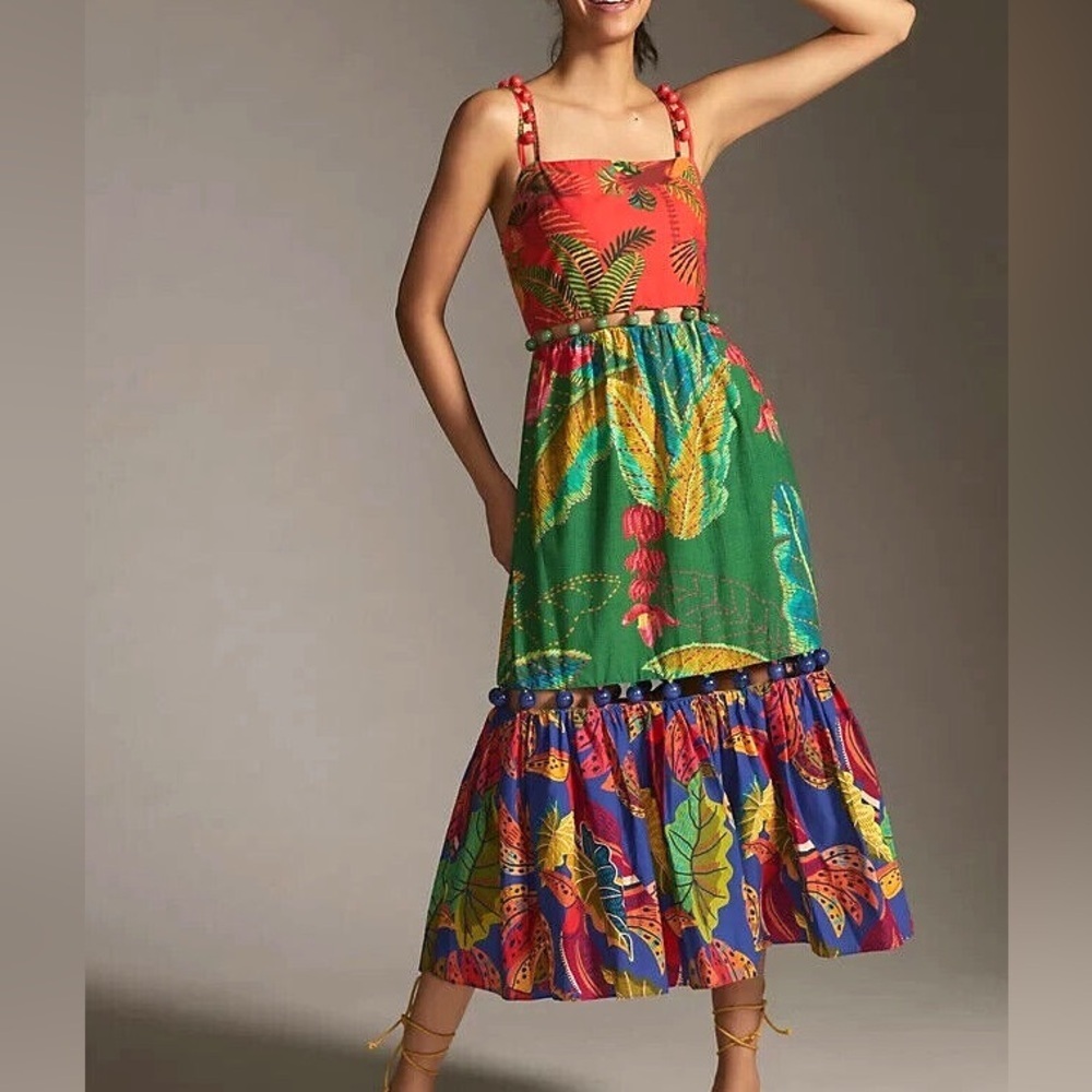 Anthropologie Farm Rio Beaded Dress Tiered Mixed Print Floral Cotton Size small